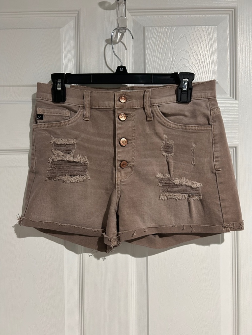 KanCan Taupe Distressed Button-Front Jean Shorts
